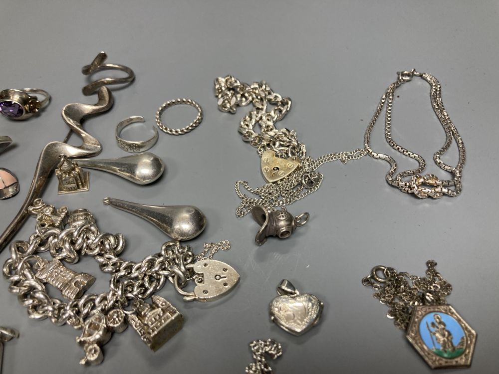 Assorted mainly silver jewellery including bangles, bracelets including charm, necklaces, brooches, rings and pendants.